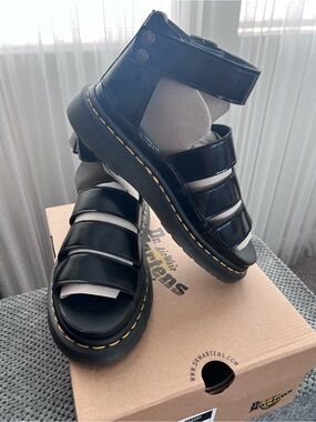 Dr. Martens Black Patent Fisherman Sandals with Yellow Stitching